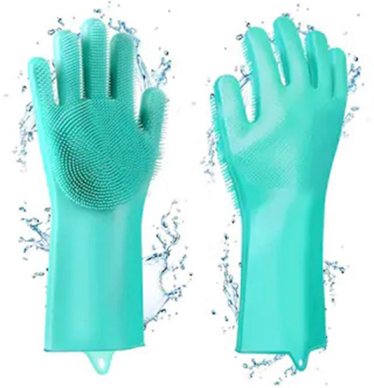 Pair of Silicone Dishwashing and Cleaning Gloves with built-in palm scrubbers